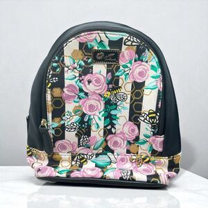 BETSEY JOHNSON Black Mini Backpack With Rose Floral Bee Sparkle & Stripes